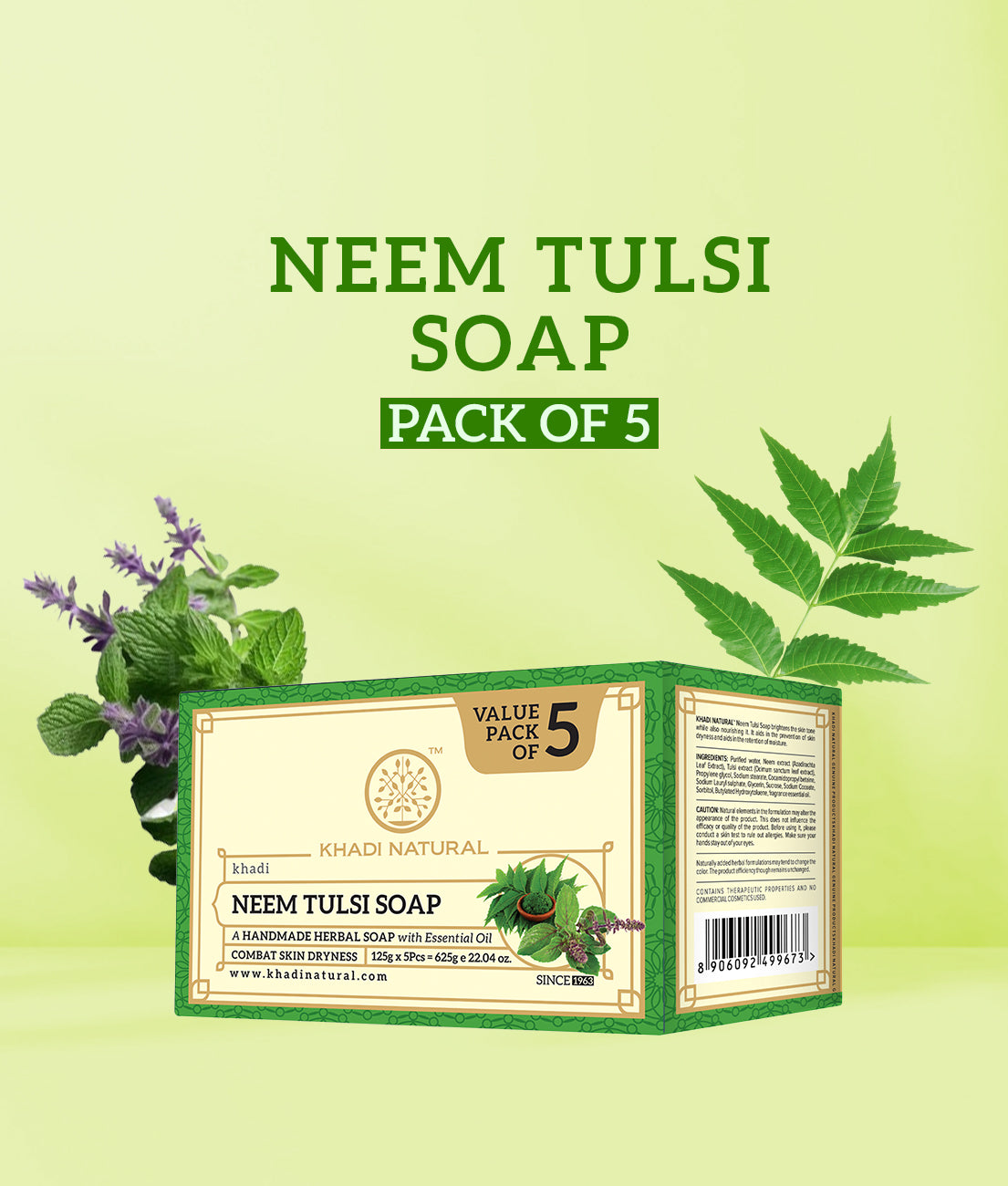 Khadi Natural Herbal Neem Tulsi Soap Combo Pack Of 5 – 125gm Each - Image 8 - Buy from Indicrest