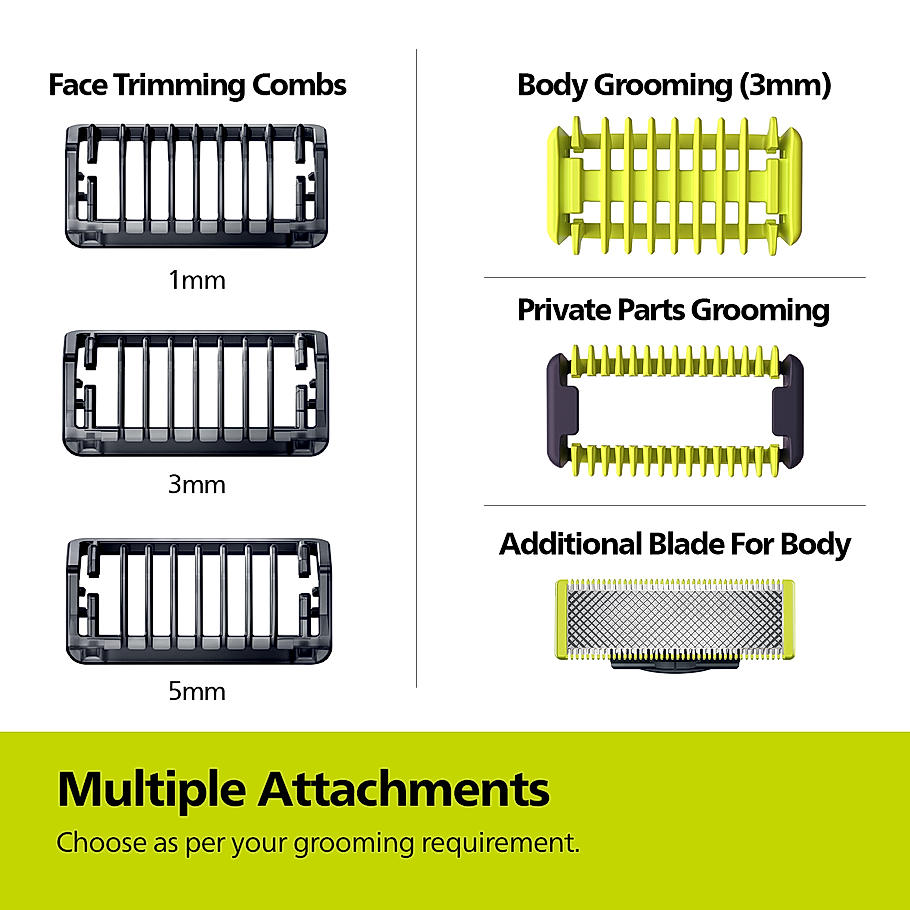 Philips OneBlade - Hybrid Trimmer & RazorI Face + Body I No Cuts Grooming for Private Parts I Best Zero Trim for Face and Body I Includes - 2 Blades, 2 body Comb & 3 Trim combs I QP1624/10