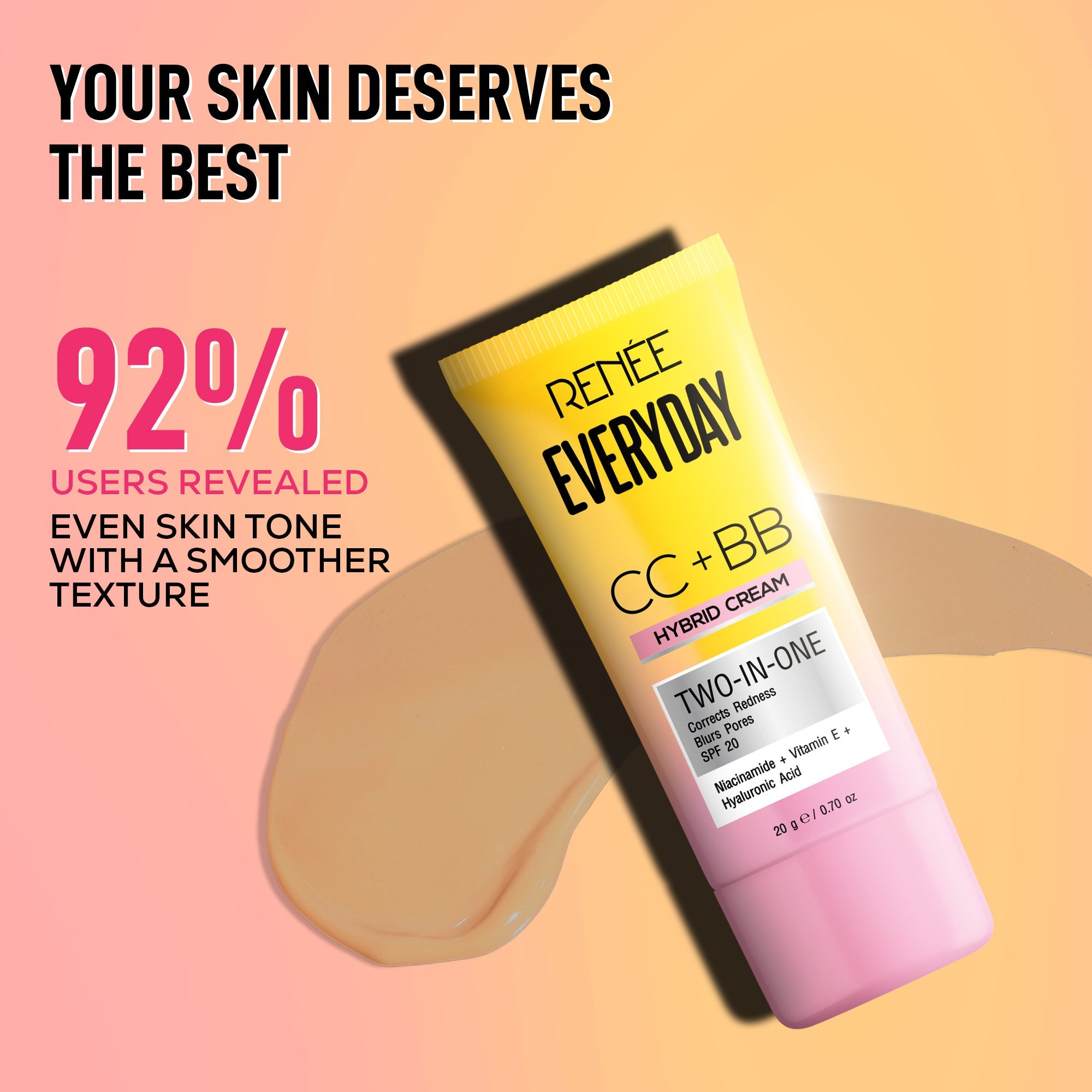 RENEE Everyday CC + BB Hybrid Cream With SPF 20, Hot Coffee, 20g