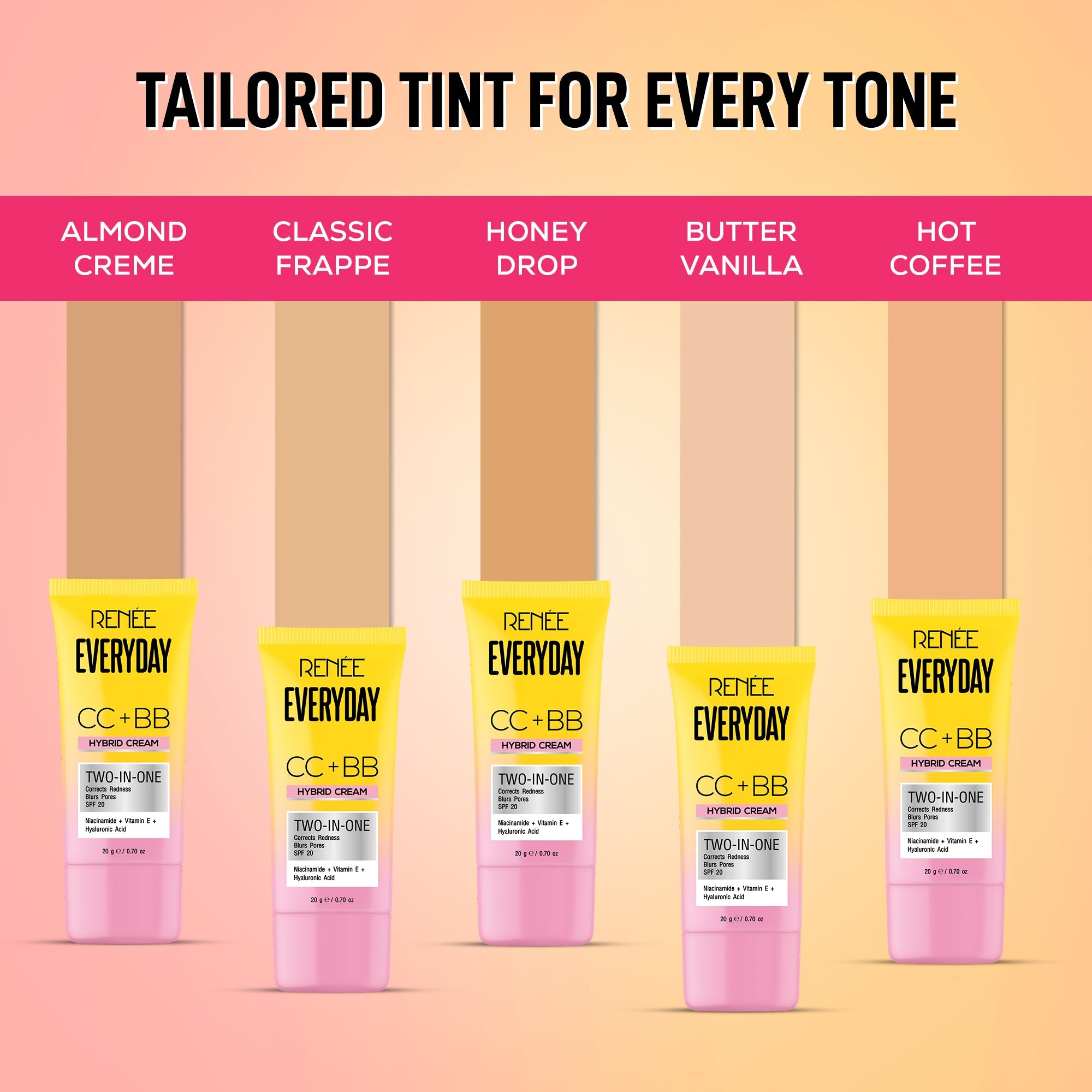 RENEE Everyday CC + BB Hybrid Cream With SPF 20, Hot Coffee, 20g