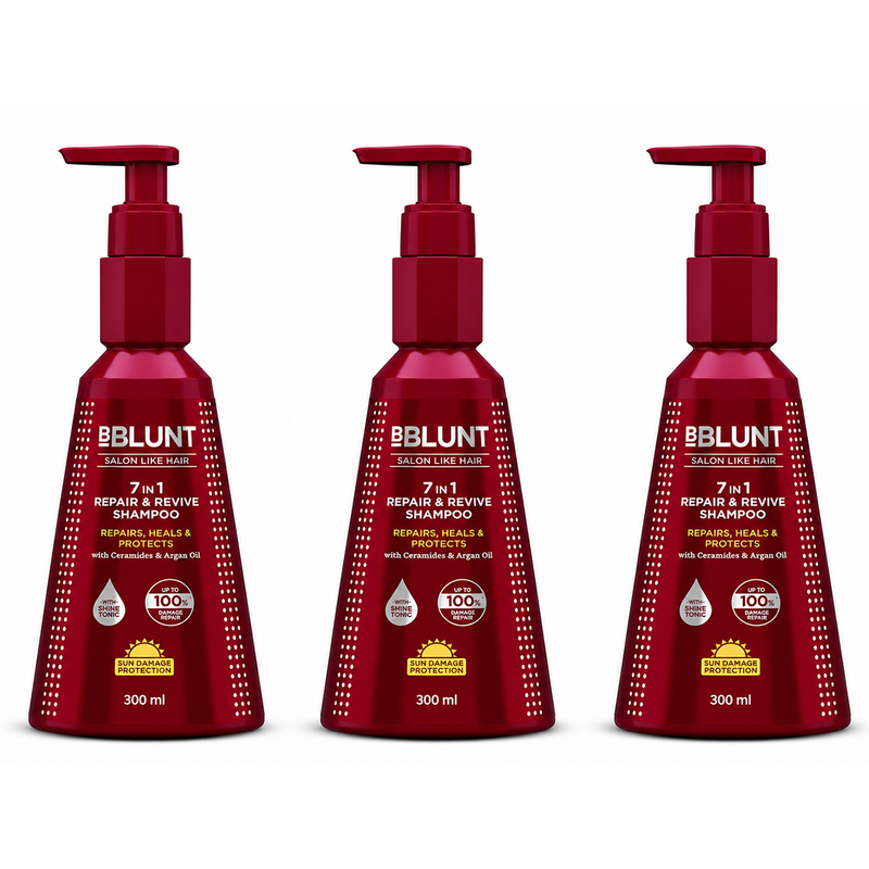 Bblunt 7 in 1 Repair & Revive Shampoo for Upto 100% Damage Repair, 300ml, Pack of 3 X 300ml - Buy from Indicrest