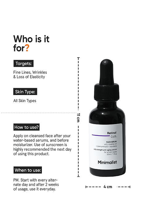 Minimalist Retinol 0.6% Face Serum For Medium strength Retinol mula  fading fine lines &amp; wrinkles, 30ml - Image 3 - Buy from Indicrest