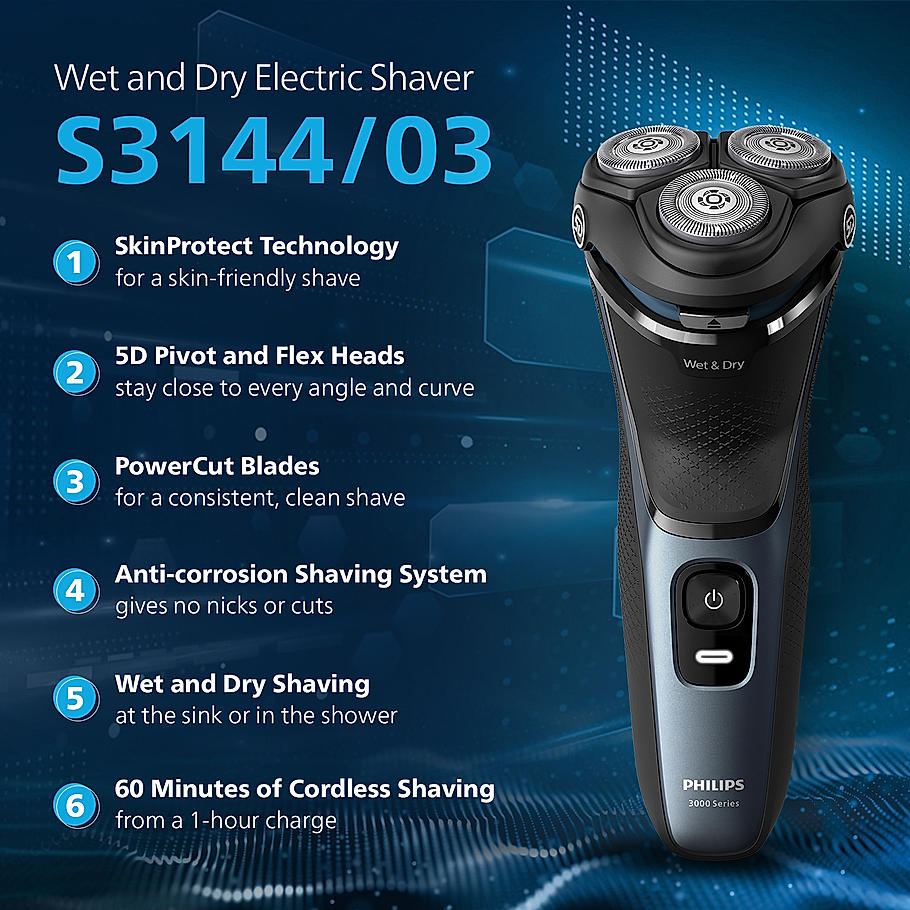 Philips Electric Shaver for Men-| SkinProtect Technology, Wet and Dry Shave | 5D Floating Heads | 27 Self Sharpening Blades | Pop up Trimmer | Cordless | Waterproof | S3144/03