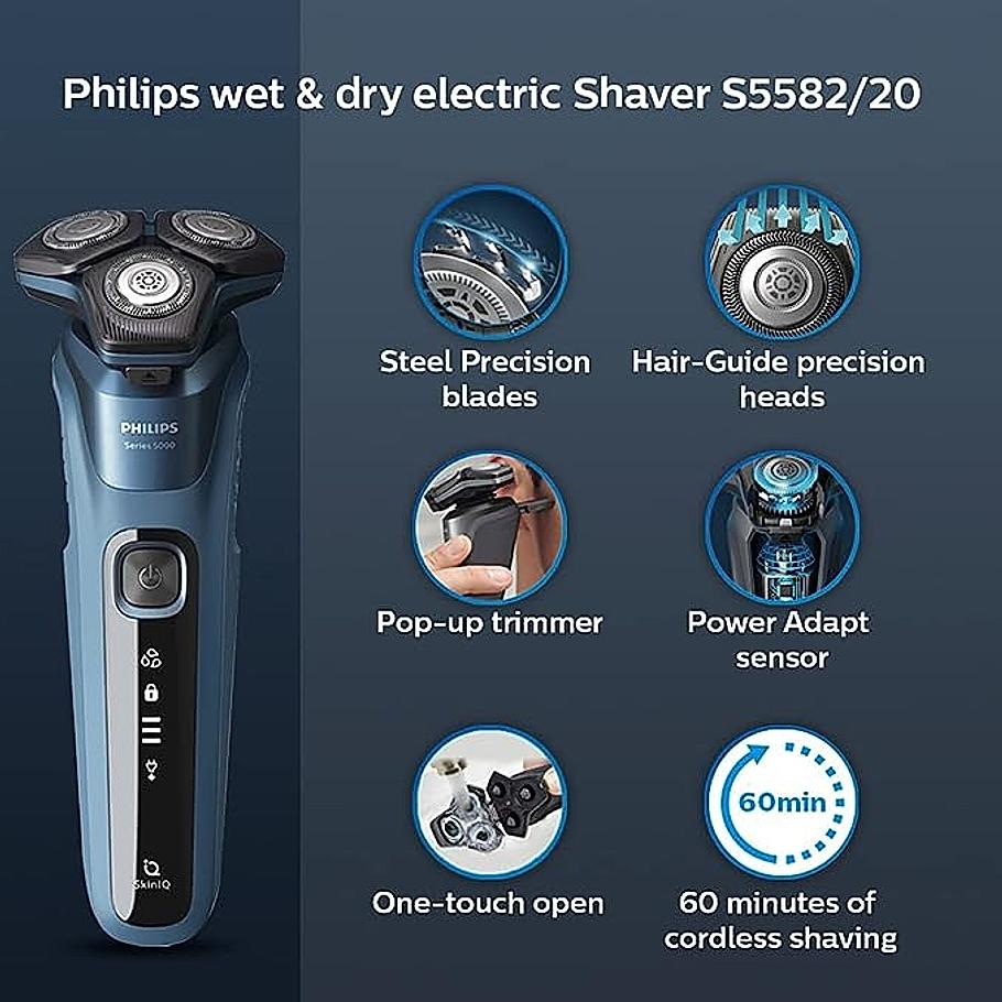 Philips Electric Shaver- SenseIQ Technology Power Adapt Sensor | 360D Flexing heads Integrated pop up trimmer I 90K cutting action per minute |Wet & Dry Shave | S5582/20