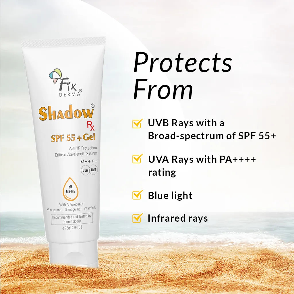 Fixderma Shadow Rx SPF 55+ Gel | Lightweight SPF 55+ protection for oily & acne-prone skin, 75g - Image 2 - Buy from Indicrest