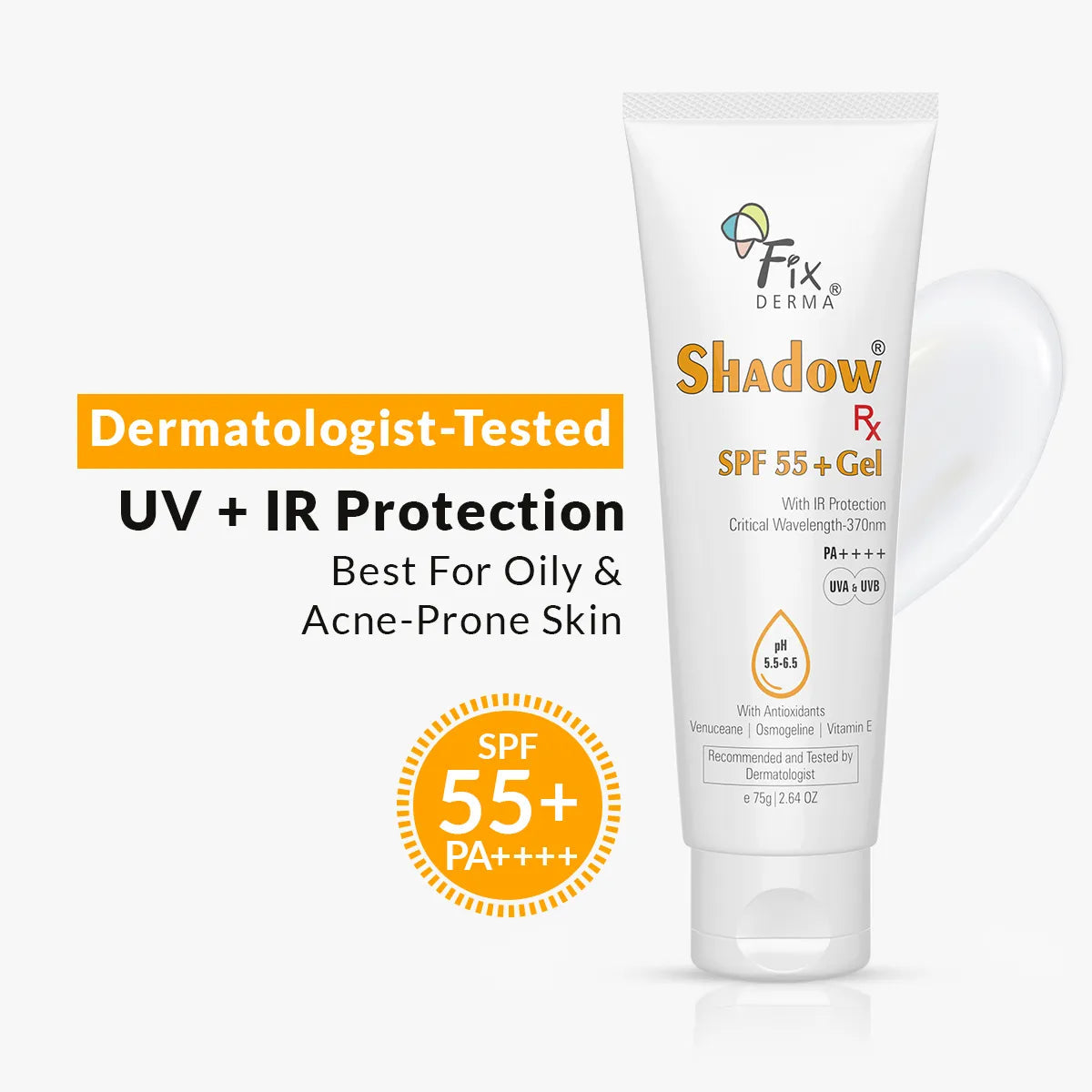 Fixderma Shadow Rx SPF 55+ Gel | Lightweight SPF 55+ protection for oily & acne-prone skin, 75g - Buy from Indicrest