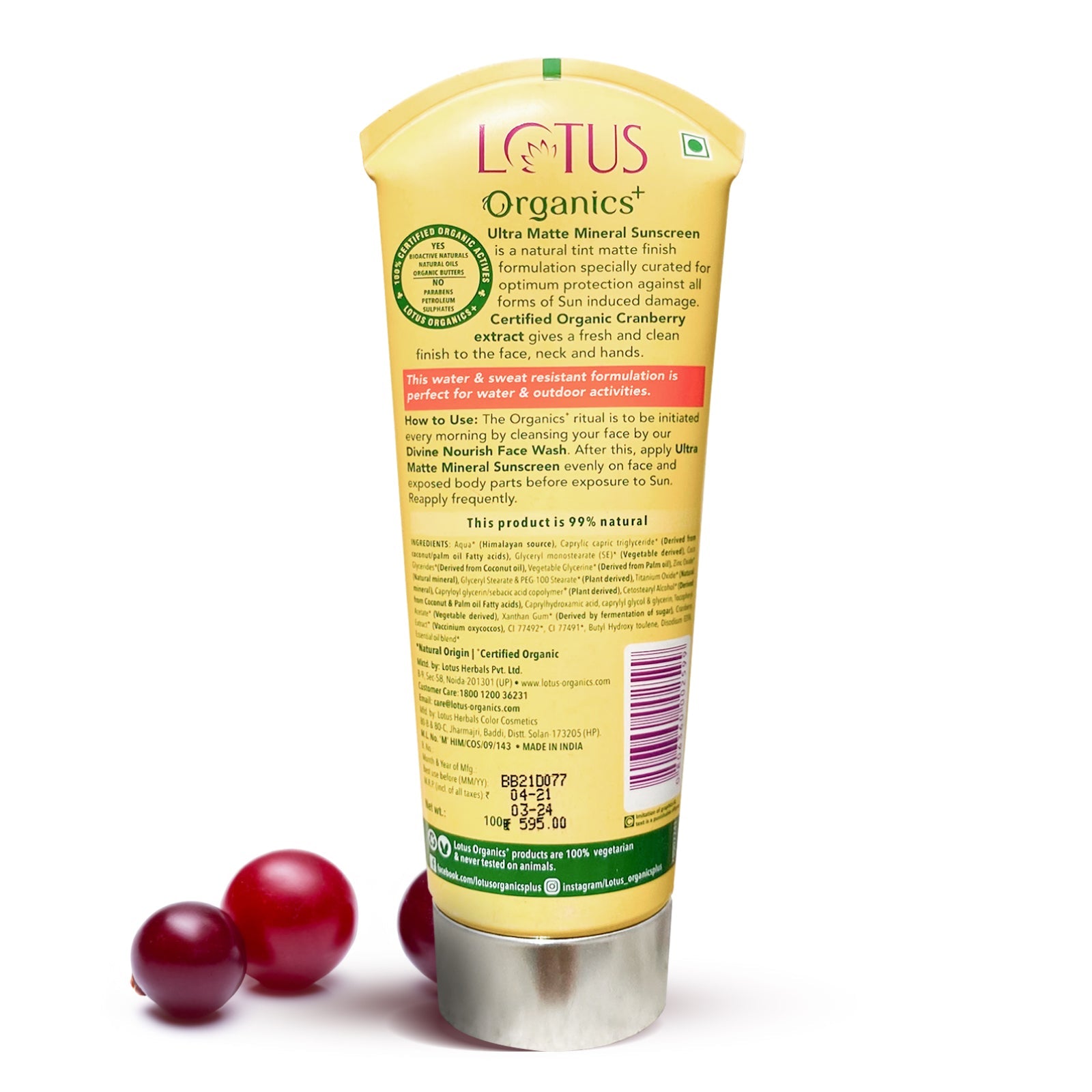 Lotus Herbals Organics+ Ultra Matte Mineral Sunscreen SPF 40 PA+++, 100g