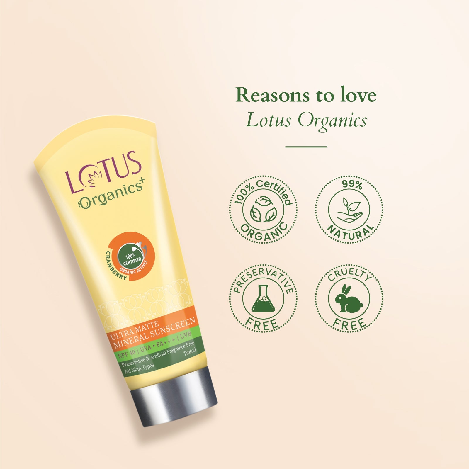 Lotus Herbals Organics+ Ultra Matte Mineral Sunscreen SPF 40 PA+++, 100g