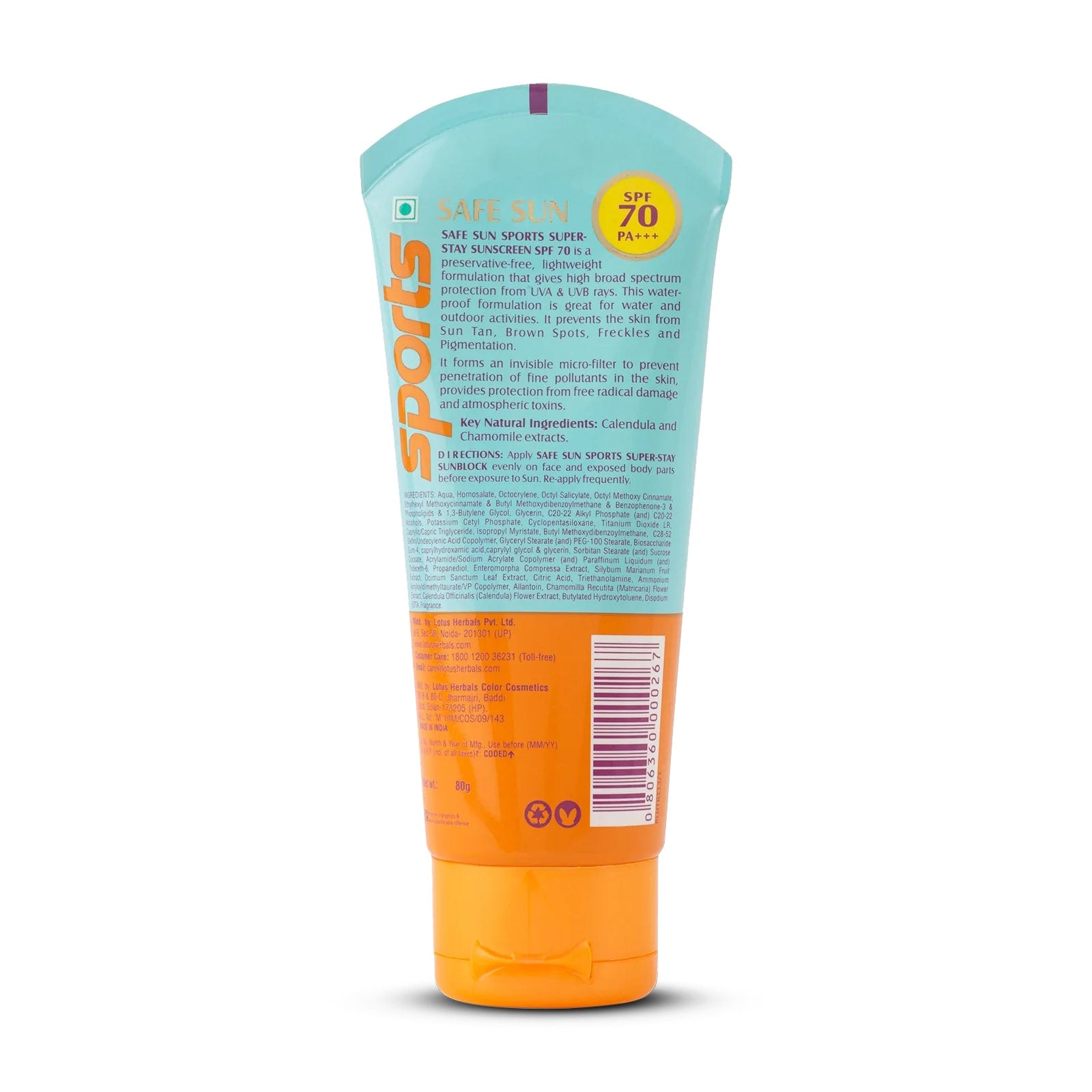 Lotus Herbals Safe Sun Sports Super-Stay Sunscreen SPF 70 PA+++, 80g
