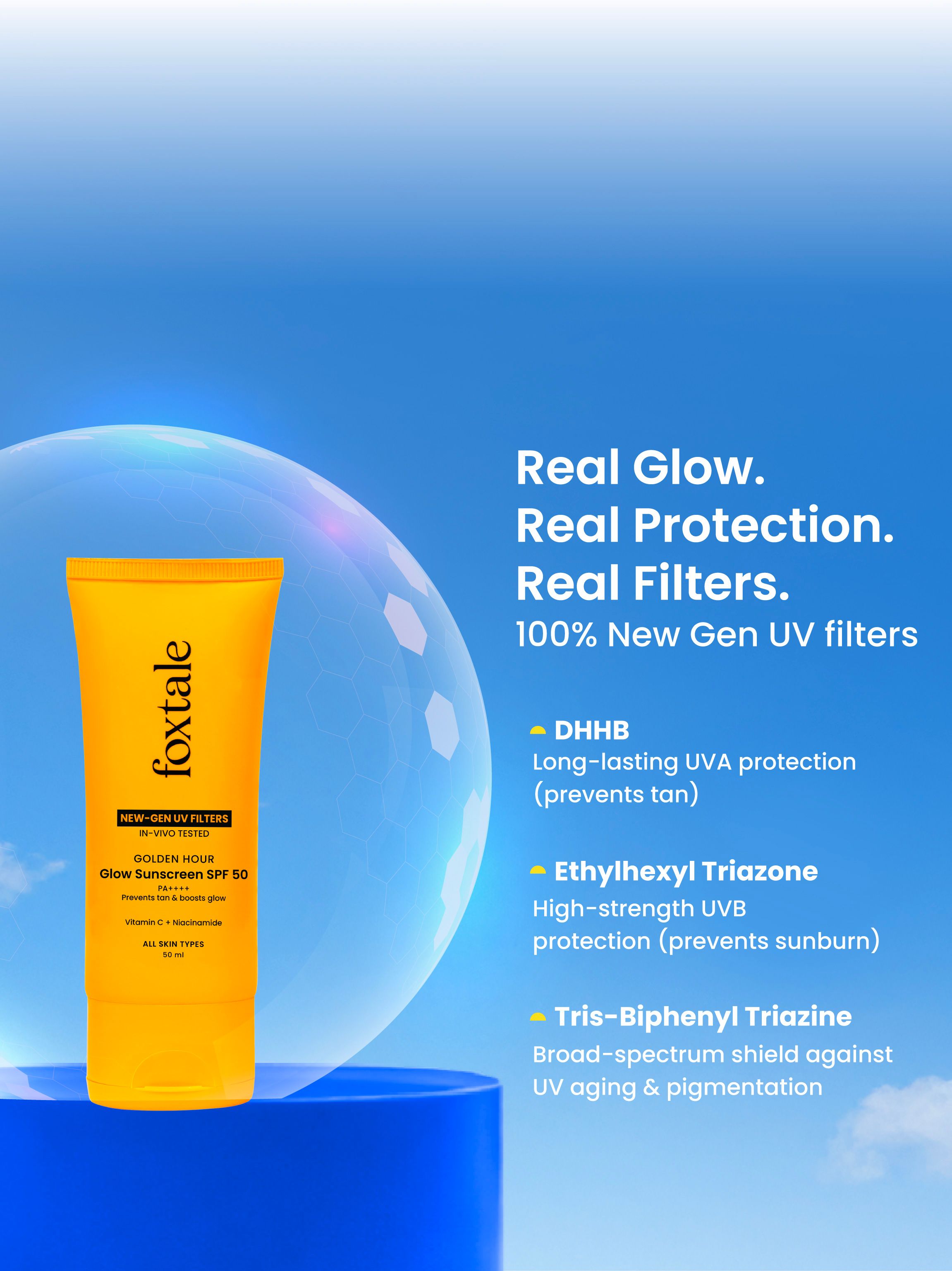 Foxtale Glow sunscreen SPF 50, In-Vivo Tested with PA++++ Bright, Protected Skin with Vitamin C + Niacinamide | 100% New-Gen UV Filters | 50ml - Image 7 - Buy from Indicrest