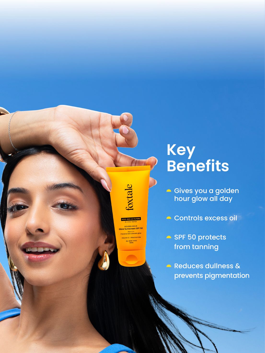 Foxtale Glow sunscreen SPF 50, In-Vivo Tested with PA++++ Bright, Protected Skin with Vitamin C + Niacinamide | 100% New-Gen UV Filters | 80ml - Image 2 - Buy from Indicrest