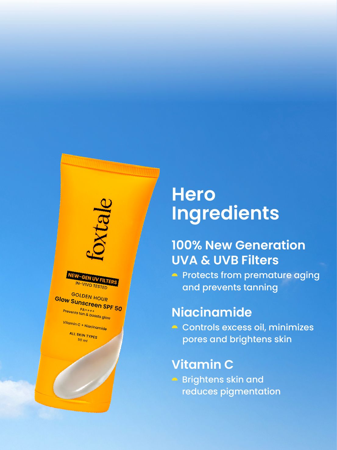 Foxtale Glow sunscreen SPF 50, In-Vivo Tested with PA++++ Bright, Protected Skin with Vitamin C + Niacinamide | 100% New-Gen UV Filters | 50ml - Image 5 - Buy from Indicrest