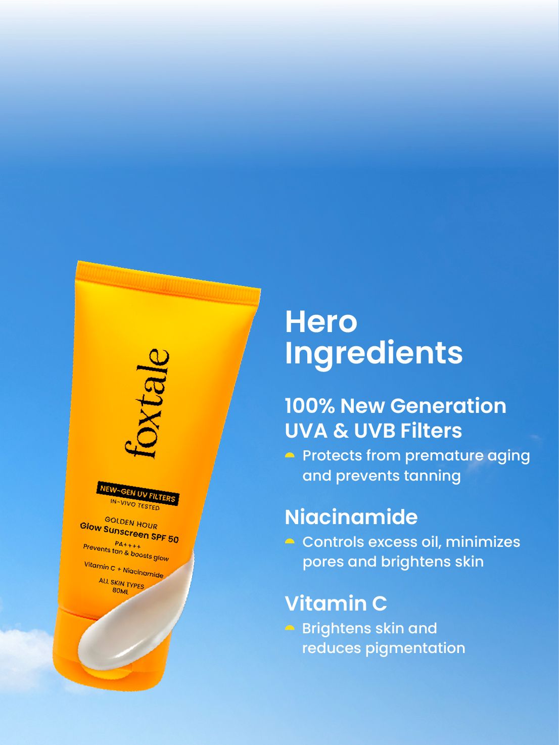 Foxtale Glow sunscreen SPF 50, In-Vivo Tested with PA++++ Bright, Protected Skin with Vitamin C + Niacinamide | 100% New-Gen UV Filters | 80ml - Image 3 - Buy from Indicrest