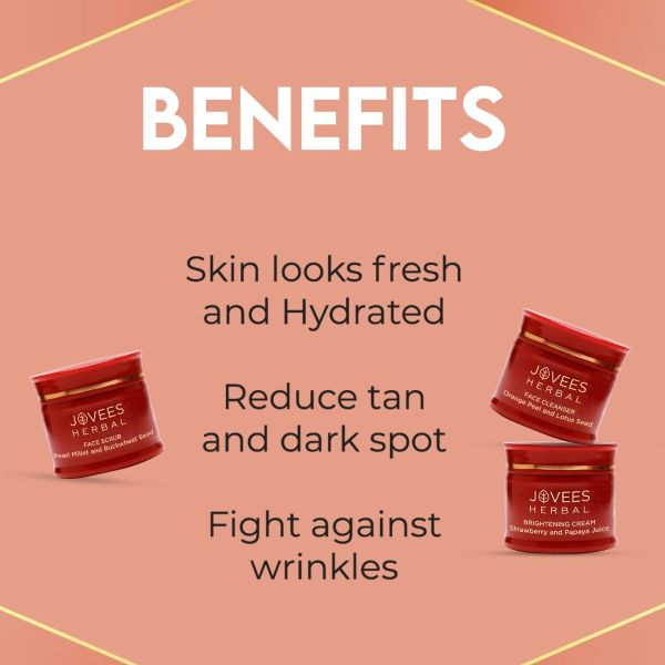 JOVEES Herbal cream jars with benefits listed on a pink background