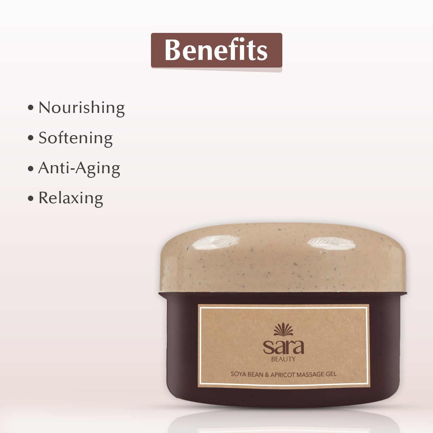 Sara Beauty massage gel container with benefits listed on a white background