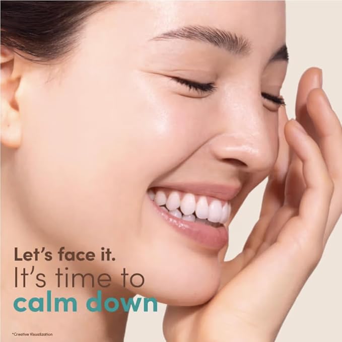 Woman with a calm expression and text 'Let's face it. It's time to calm down' on a beige background