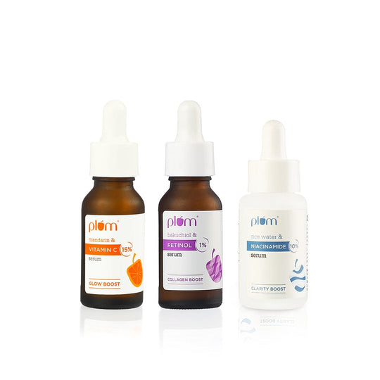 Plum 15% Vitamin C Serum with Mandarin, 20ml, 10% Niacinamide Face Serum with Rice Water, 15ml, & 1% Retinol Face Serum with Bakuchiol, 20ml | Glow, Clarify & Renew Face Serum Bundle Brightens Skin, Fights Hyperpigmentation & Boosts Collagen Buy at Indicrest