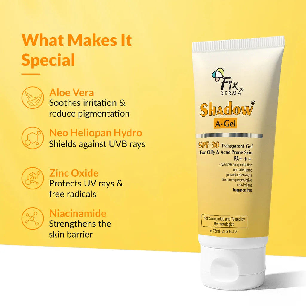 Fixderma Shadow Sunscreen A-Gel SPF 30 | Transparent, Gel based Sunscreen for acne-prone skin, 75ml - Image 4 - Buy from Indicrest