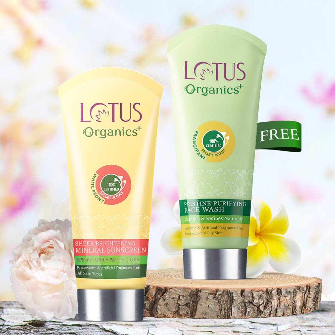 Lotus Herbals Organics+ Sheer Brightening Mineral Sunscreen SPF 50 + Free Facewash, 100g + 100g