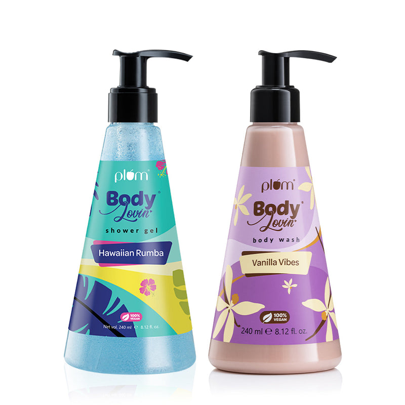 Plum Shower Gel Duo (Hawaiian Rumba & Vanilla Vibes) | Sls-Free | Hydrating Formula | Aloe-Infused Body Wash | Warm Vanilla Fragrance | Fresh Beachy Fragrance Buy at Indicrest
