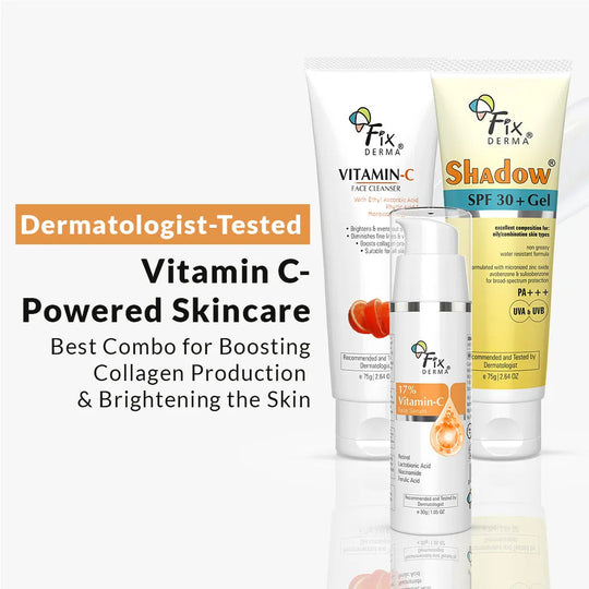 Fixderma Skin Brightening Combo | Vitamin C-Powered Skincare for a Brighter Skin, Face Cleanser 75g + Face Serum 30ml + Sunscreen 75g - Buy from Indicrest