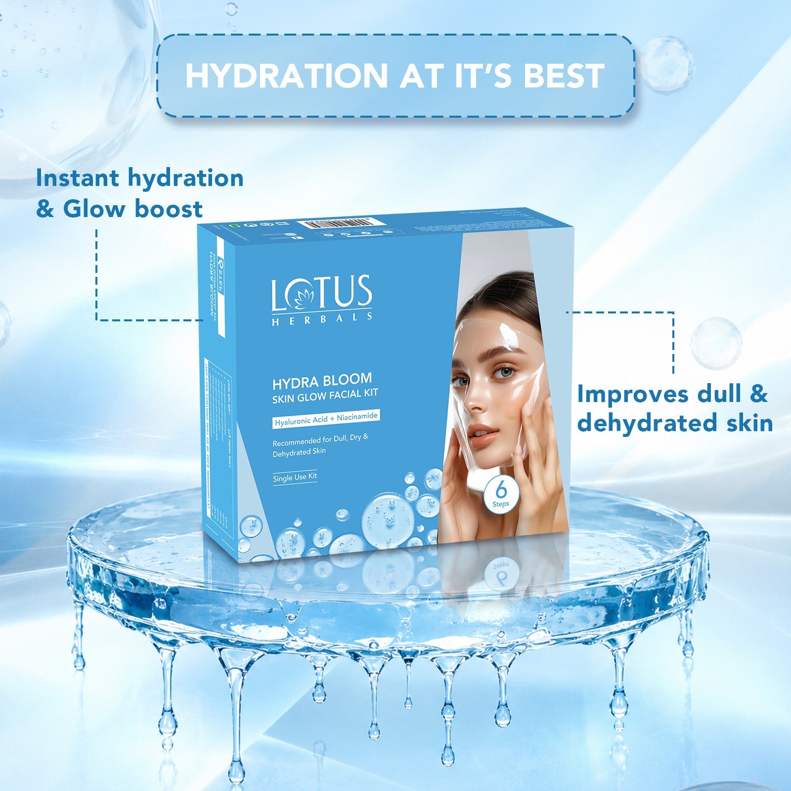 Lotus Herbals Herbals Hydra Bloom 6-Steps Skin Glow Facial Kit with Hyaluronic Acid, 71g
