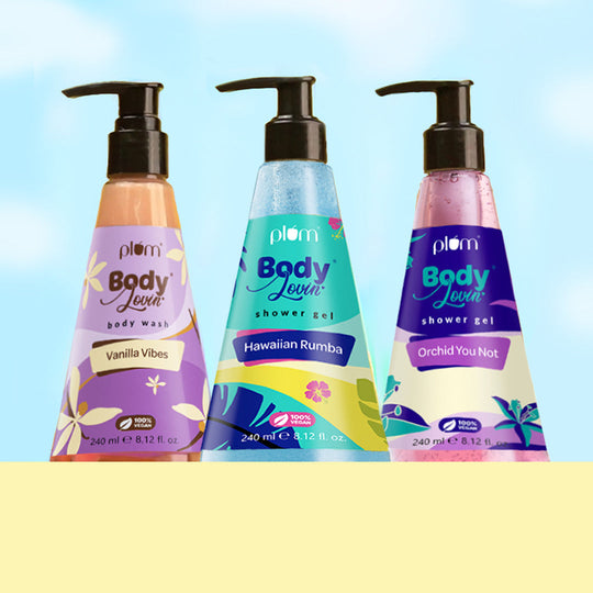 Plum Smell So Good Shower Kit By Plum BodyLovin’ | Vanilla Vibes Body Wash, Hawaiian Rumba Shower Gel & Orchid You Not Shower Gel | Set Of 3 Body Washes | Warm, Tropical & Floral Fragrances | Sls Free & Aloe Infused Bodywashes Buy at Indicrest