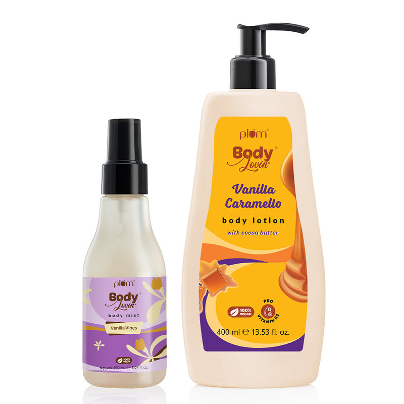 Plum Smell YUM Body Lotion, 400ml & Mist Duo by Plum BodyLovin' new long lasting body mist, 150ml | Easy to Carry | Warm Vanilla Fragrance | Moisturized & Glowing Skin Buy at Indicrest