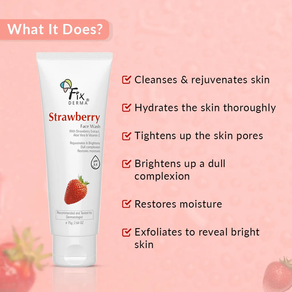 Fixderma Strawberry Face Wash | Cleansing formula to exfoliate & tighten enlarged pores, 75g - Image 2 - Buy from Indicrest