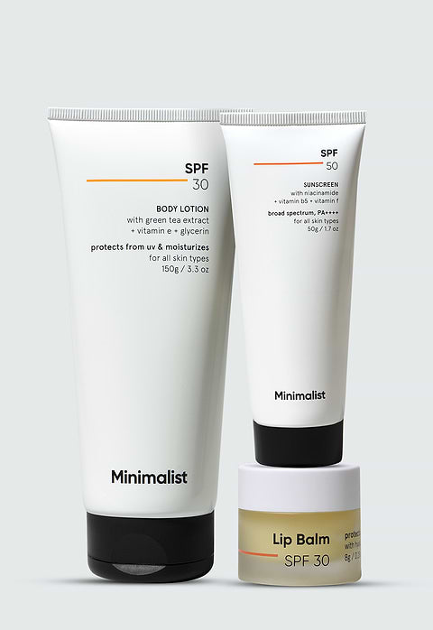 Minimalist Sun Protection Body Care Kit For A powerful kit to protect your skin from UV rays, Body Lotion 150g + Sunscreen 50g + Lip Balm 8g - Buy from Indicrest