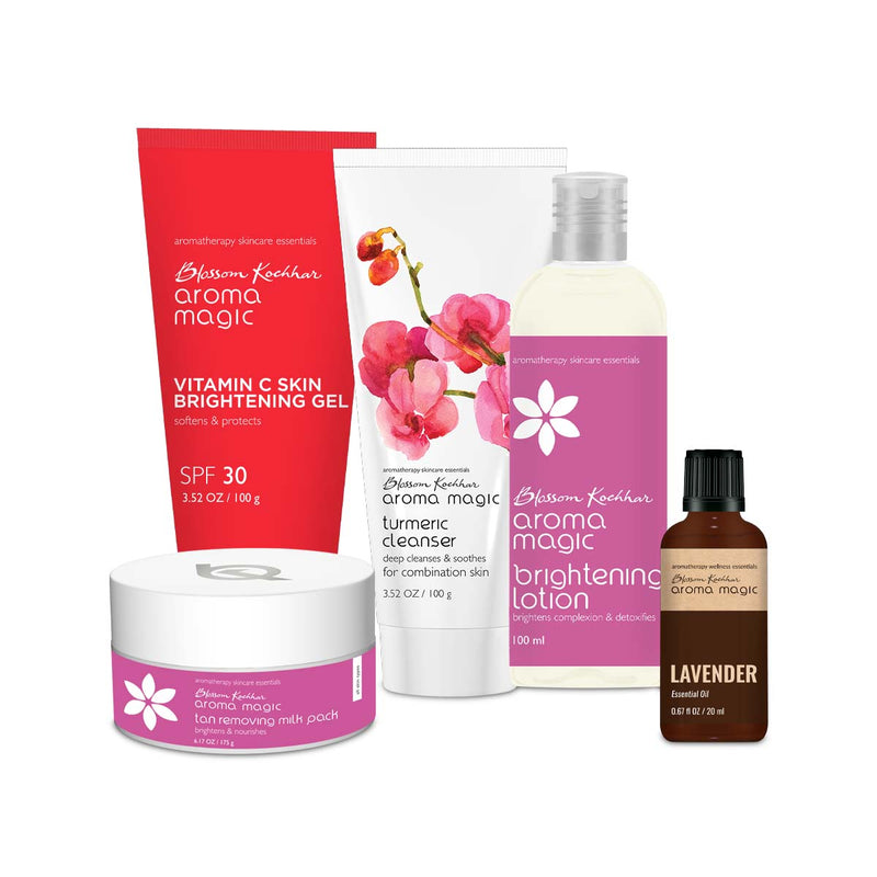 Aroma Magic Suntan Regime, Cleanser 100ml + Lavender Essential Oil 20ml + Vitamin C Skin brightening Gel 100ml + Tan Removing Milk Pack 35g + Brightening Lotion 100ml  - Buy from Indicrest