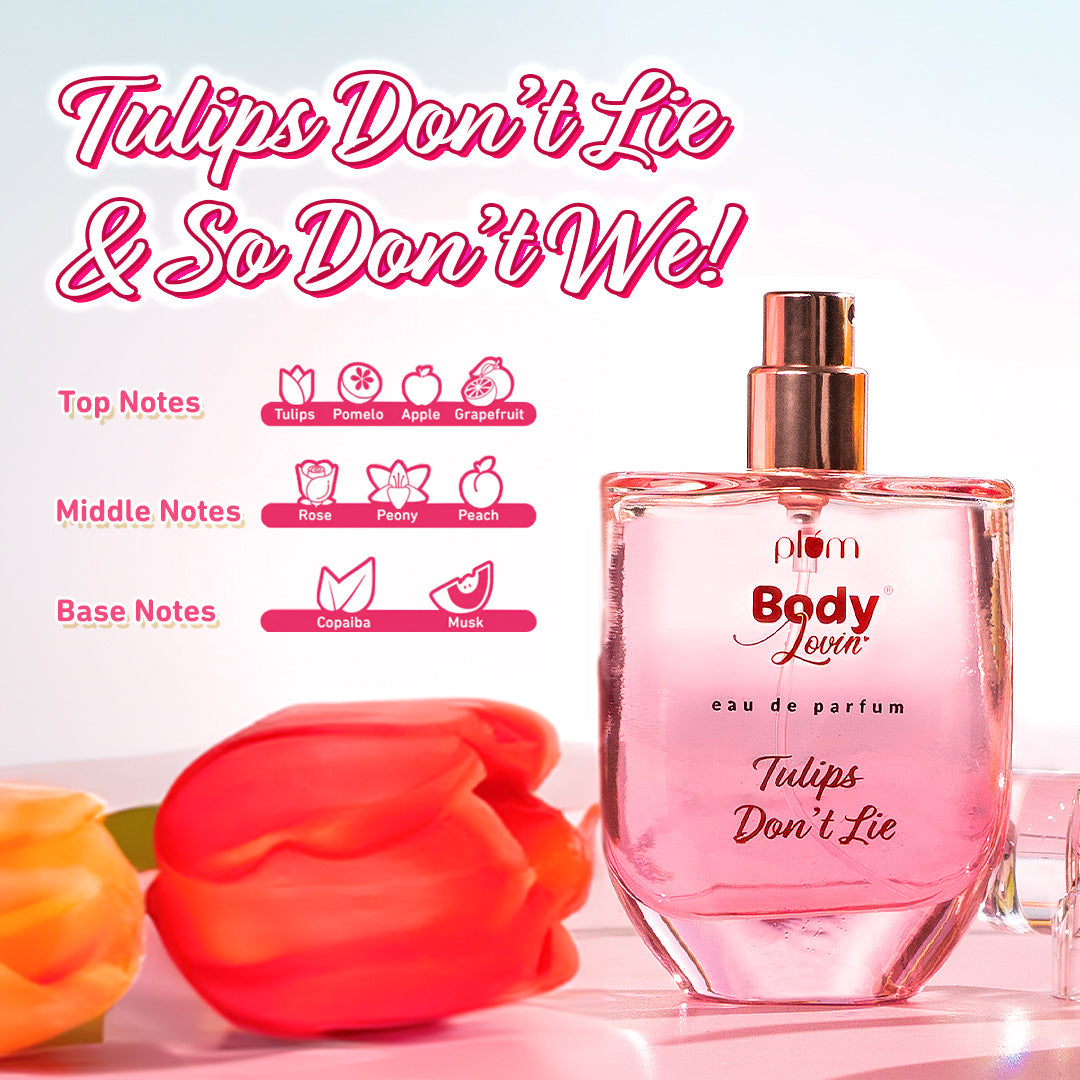 Plum Tulips Don't Lie Eau De Parfum (Perfume) by Plum BodyLovin' | Long Lasting | Supremely Luxurious | Fresh Delicate Floral Scent, 50ml