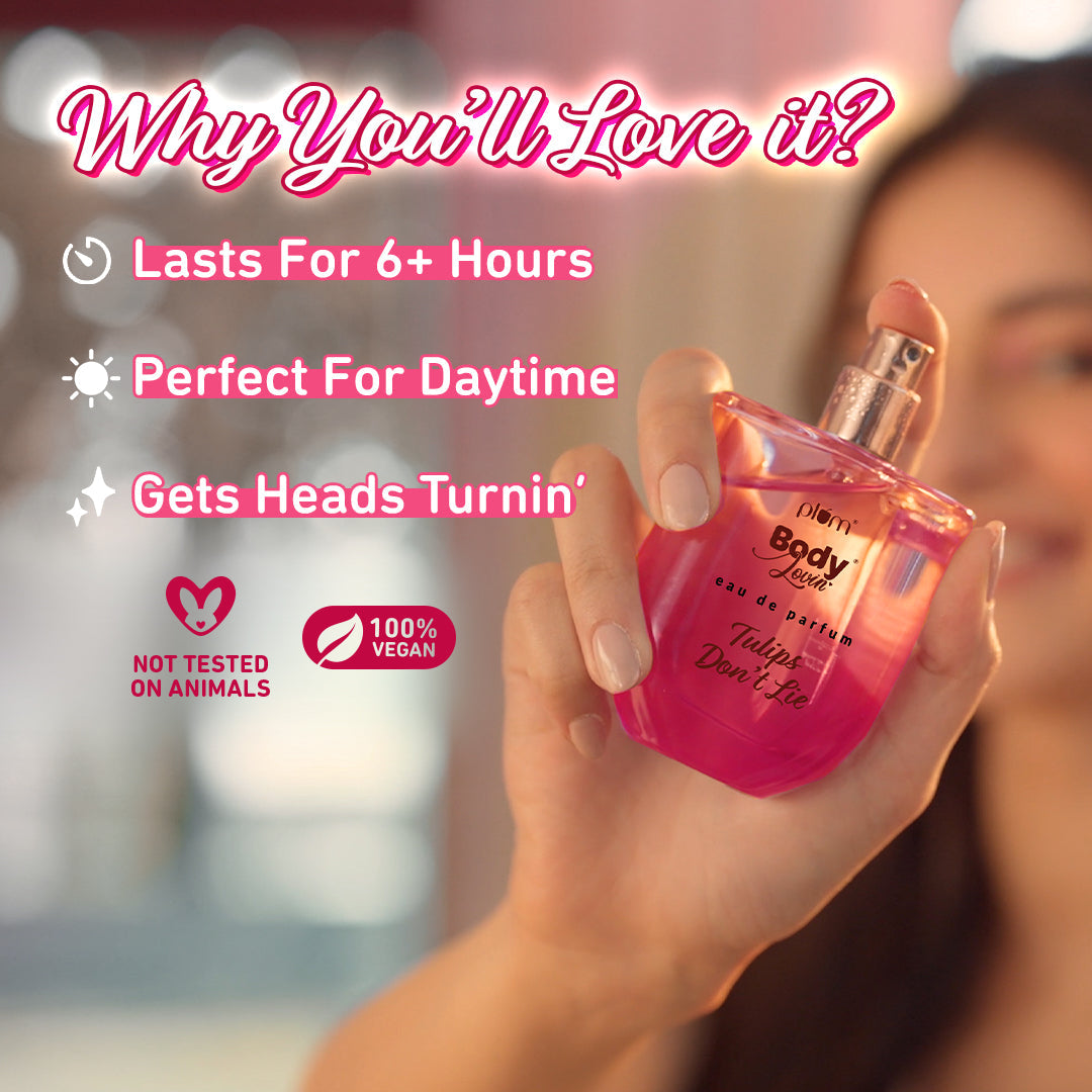 Plum Tulips Don't Lie Eau De Parfum (Perfume) by Plum BodyLovin' | Long Lasting | Supremely Luxurious | Fresh Delicate Floral Scent, 50ml