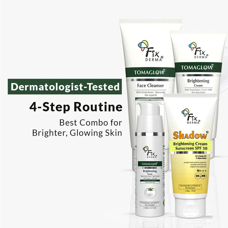 Fixderma Tomaglow Brightening CSMS Kit | 4-Step Routine For Brighter, Glowing Skin, Face Cleanser 100g + Face Serum 30ml + Cream 50g + Sunscreen 40g - Buy from Indicrest