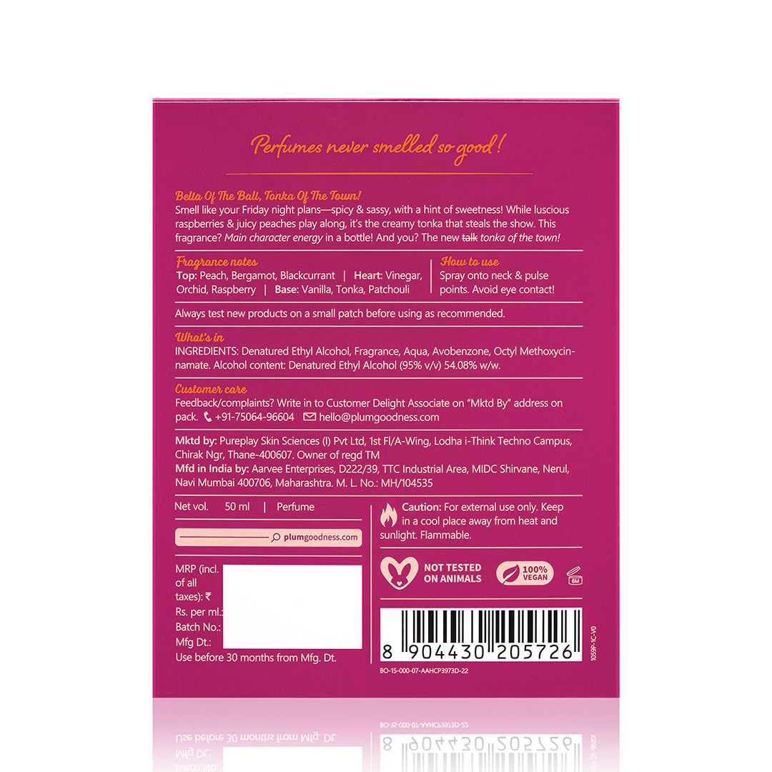 Plum Tonka Bella Eau De Parfum (Perfume) by Plum BodyLovin' | Long Lasting | Fruity-Floral Fragrance | Supremely Luxurious, 50ml