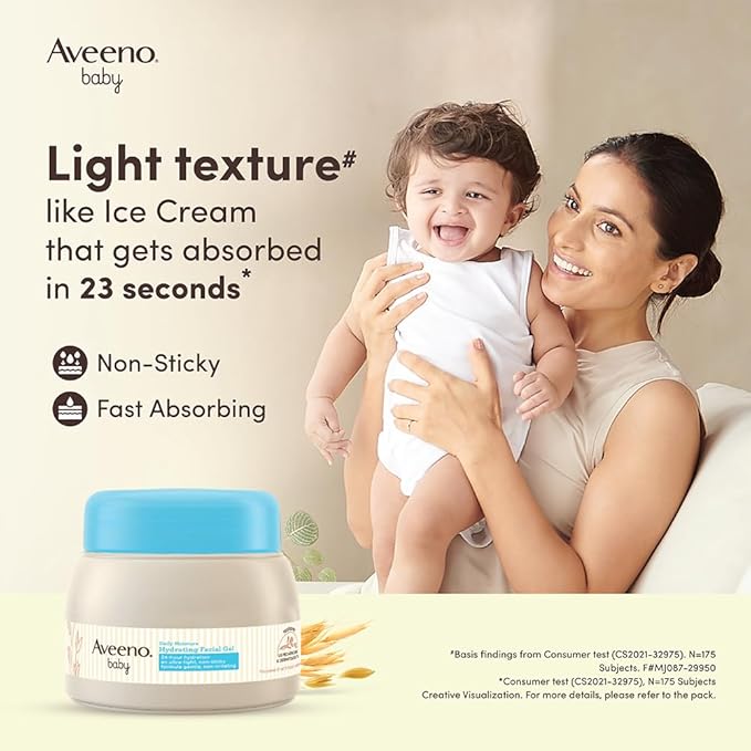 Aveeno baby product with a woman holding a child against a beige background