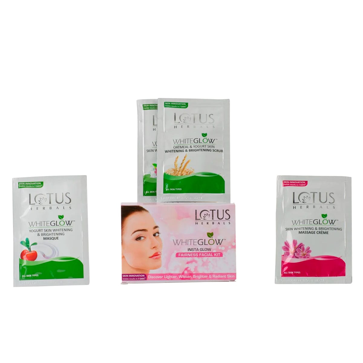 Lotus Herbals WhiteGlow InstaGlow Brightening 4 in 1 Facial Kit, Cleansing Milk 10g + Scrub 10g + Massage Creme 10g + Masque 10g