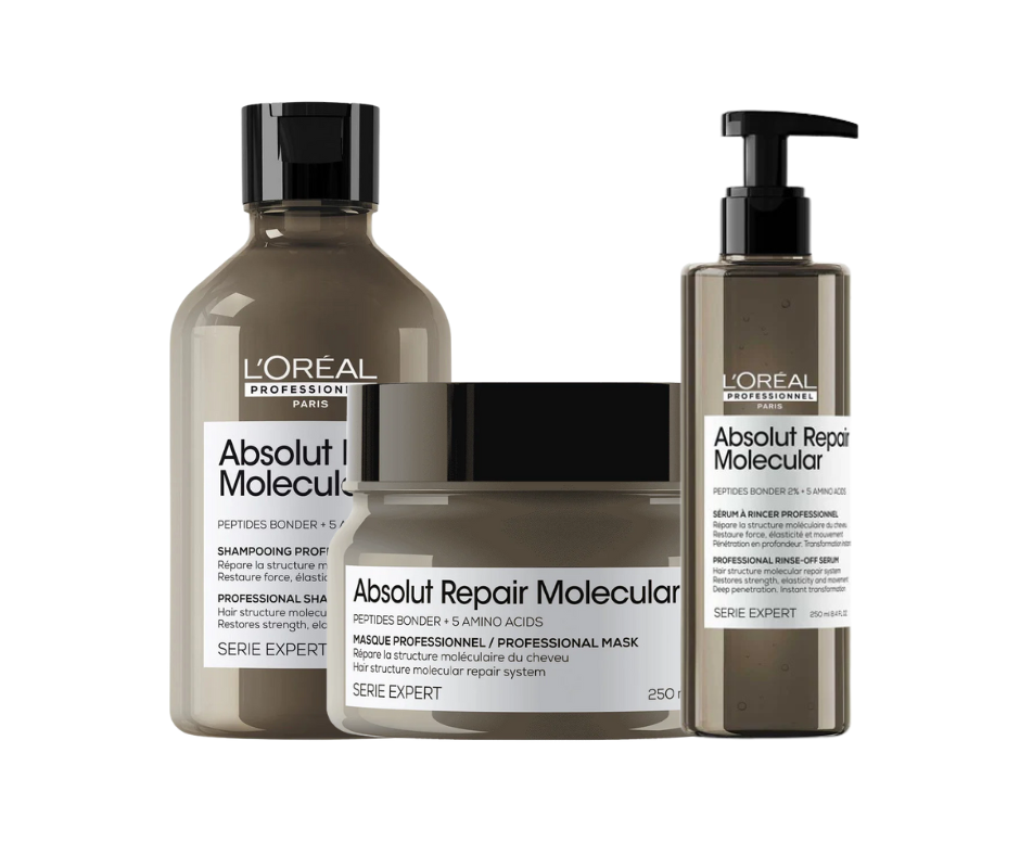 L'Oreal Professionnel Absolut Repair Molecular Shampoo 300ml | Molecular Hair Mask 250ml | Molecular Rinse-Off Serum 250ml Combo