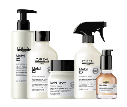 L’Oreal Professionnel Metal DX Anti-Porosity Filler, 250ml, Shampoo 300ml, Hair Mask 250ml, Metal Neutralizer Pre-Treatment 250ml & Concentrated Oil 50ml Combo Buy at Indicrest