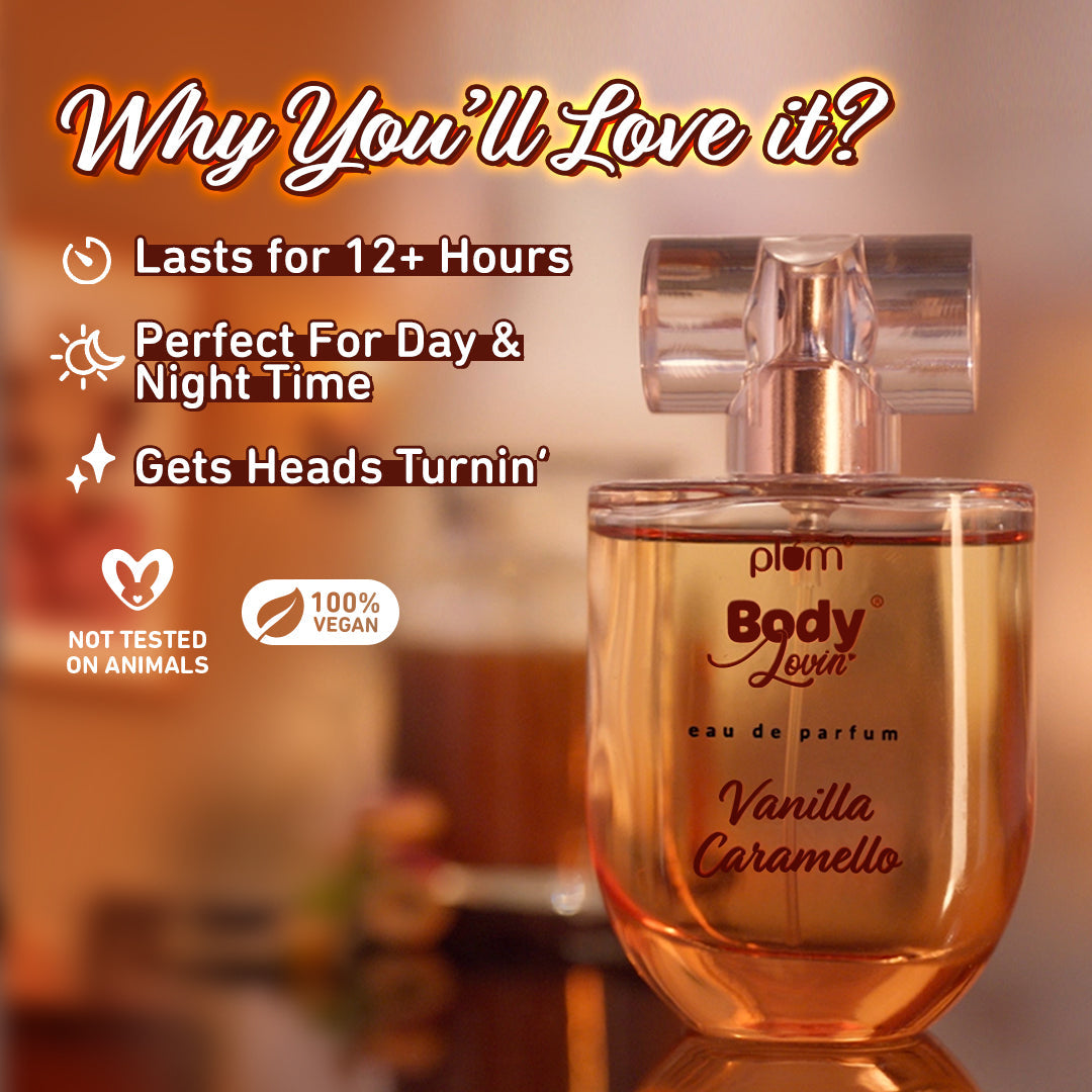 Plum Vanilla Caramello Eau De Parfum (Perfume) by Plum BodyLovin' | Long Lasting | Vanilla & Salted Caramel Fragrance | Supremely Luxurious, 50ml