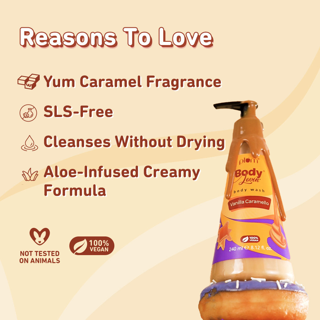 Plum Vanilla Caramello Body Wash by Plum Body Lovin' | SLS-Free | Hydrating Formula | Delicious Caramel Fragrance | Aloe-Infused Body Wash, 240ml