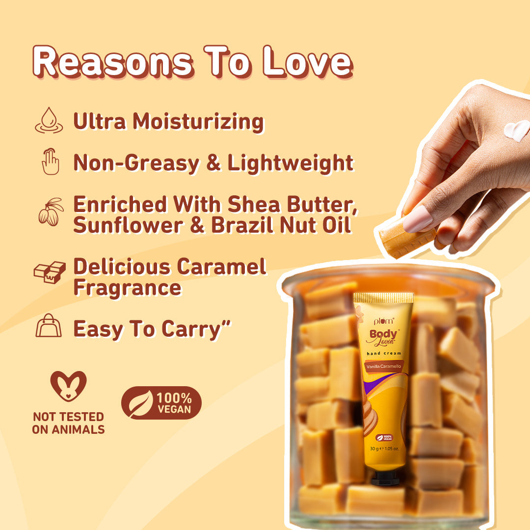 Plum Vanilla Caramello Hand Cream by Plum Body Lovin' | Ultra Moisturizing With Shea Butter | Warm Vanilla & Delicious Caramel Fragrance | Non-Greasy & Lightweight, 30g