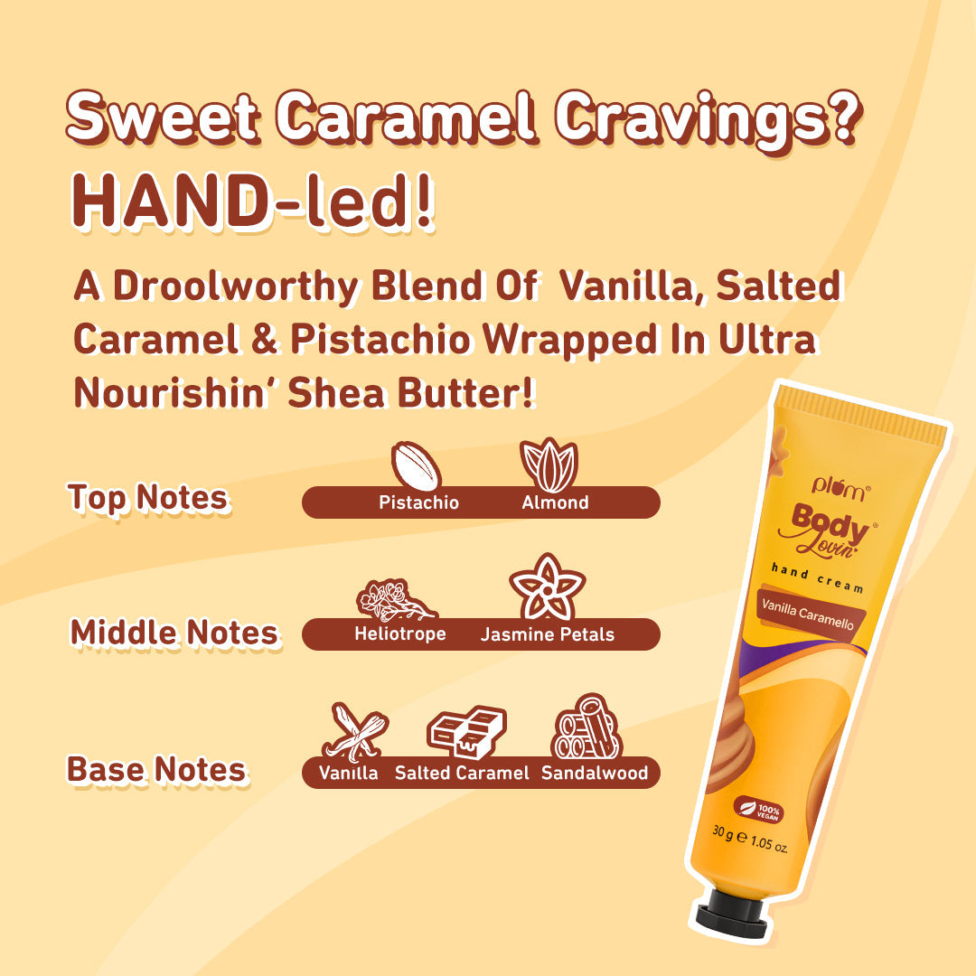 Plum Vanilla Caramello Hand Cream by Plum Body Lovin' | Ultra Moisturizing With Shea Butter | Warm Vanilla & Delicious Caramel Fragrance | Non-Greasy & Lightweight, 30g