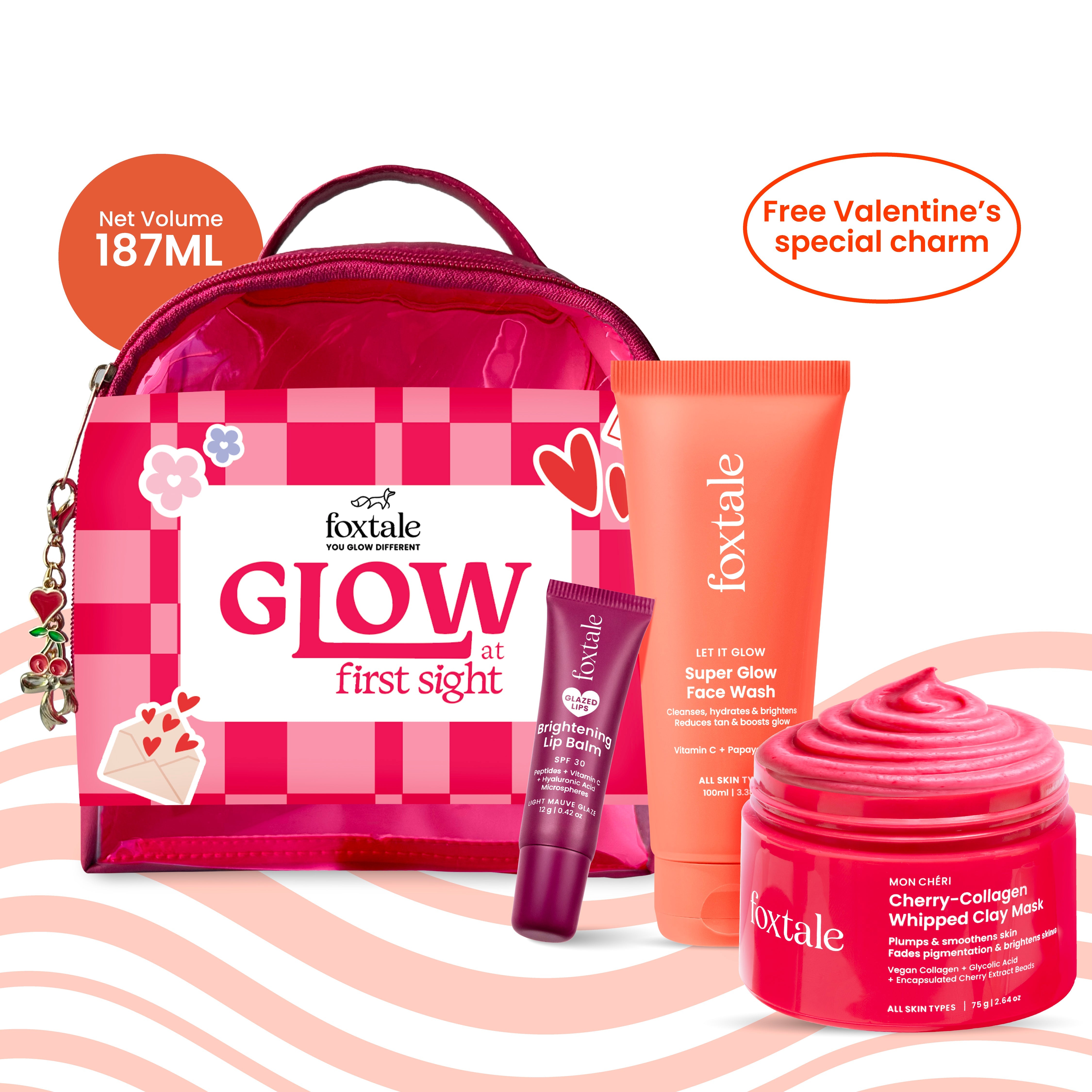 Foxtale Glow At First Sight Gift Set Super Glow Face Wash + Cherry-Collagen Clay Mask + Brightening Lip Balm (Mauve) + Free Heart Charm + Hot Pink Pouch - Buy from Indicrest