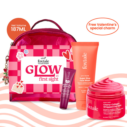 Foxtale Glow At First Sight Gift Set Super Glow Face Wash + Cherry-Collagen Clay Mask + Brightening Lip Balm (Mauve) + Free Heart Charm + Hot Pink Pouch - Buy from Indicrest