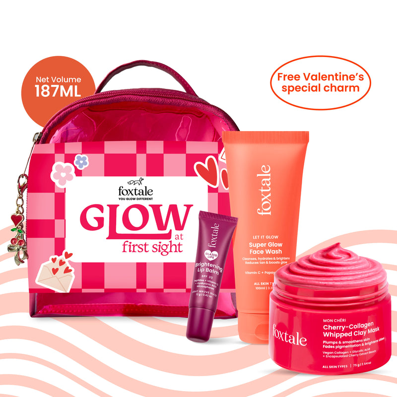 Foxtale Glow At First Sight Gift Set Super Glow Face Wash + Cherry-Collagen Clay Mask + Brightening Lip Balm (Mauve) + Free Heart Charm + Hot Pink Pouch - Buy from Indicrest