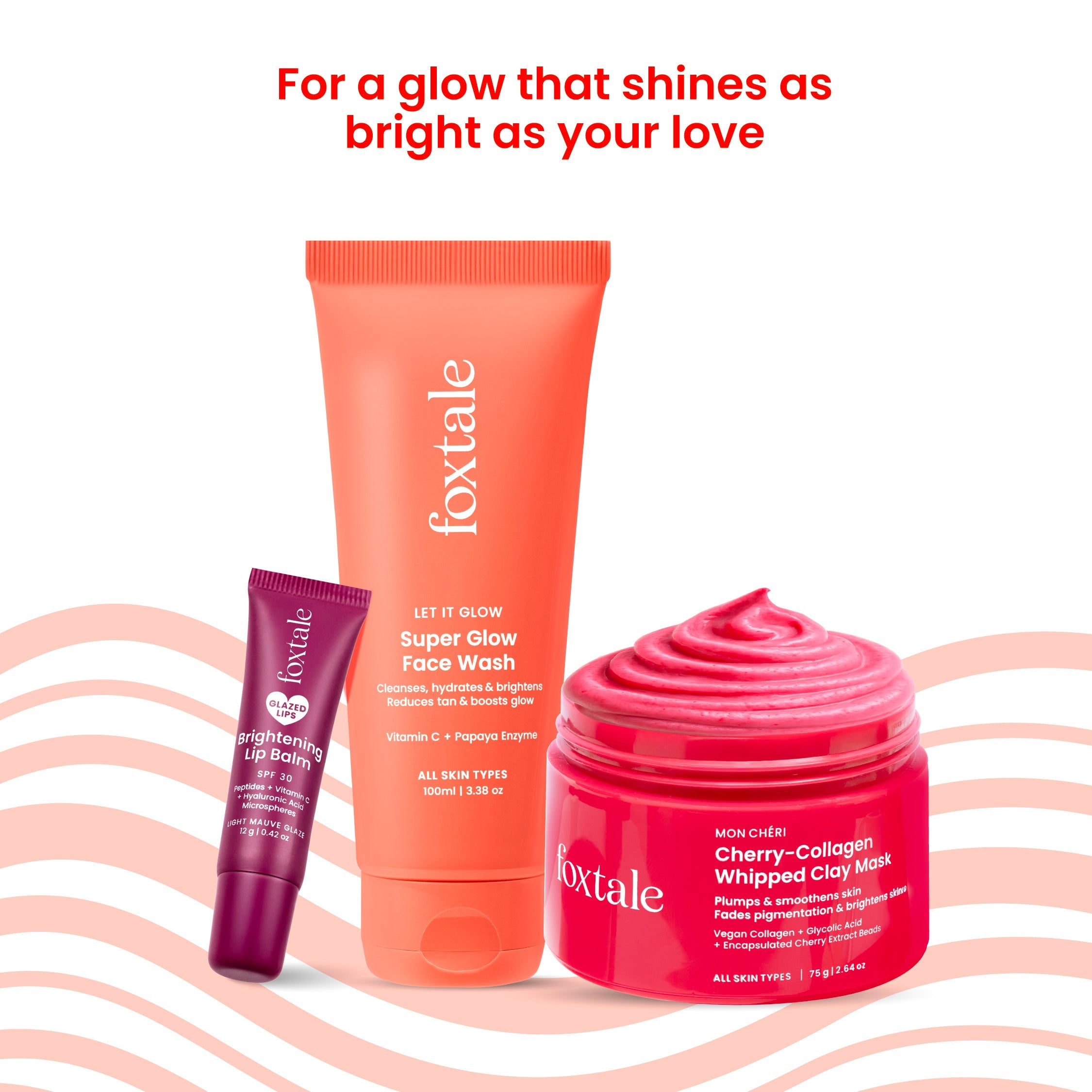 Foxtale Glow At First Sight Gift Set Super Glow Face Wash + Cherry-Collagen Clay Mask + Brightening Lip Balm (Mauve) + Free Heart Charm + Hot Pink Pouch - Image 2 - Buy from Indicrest
