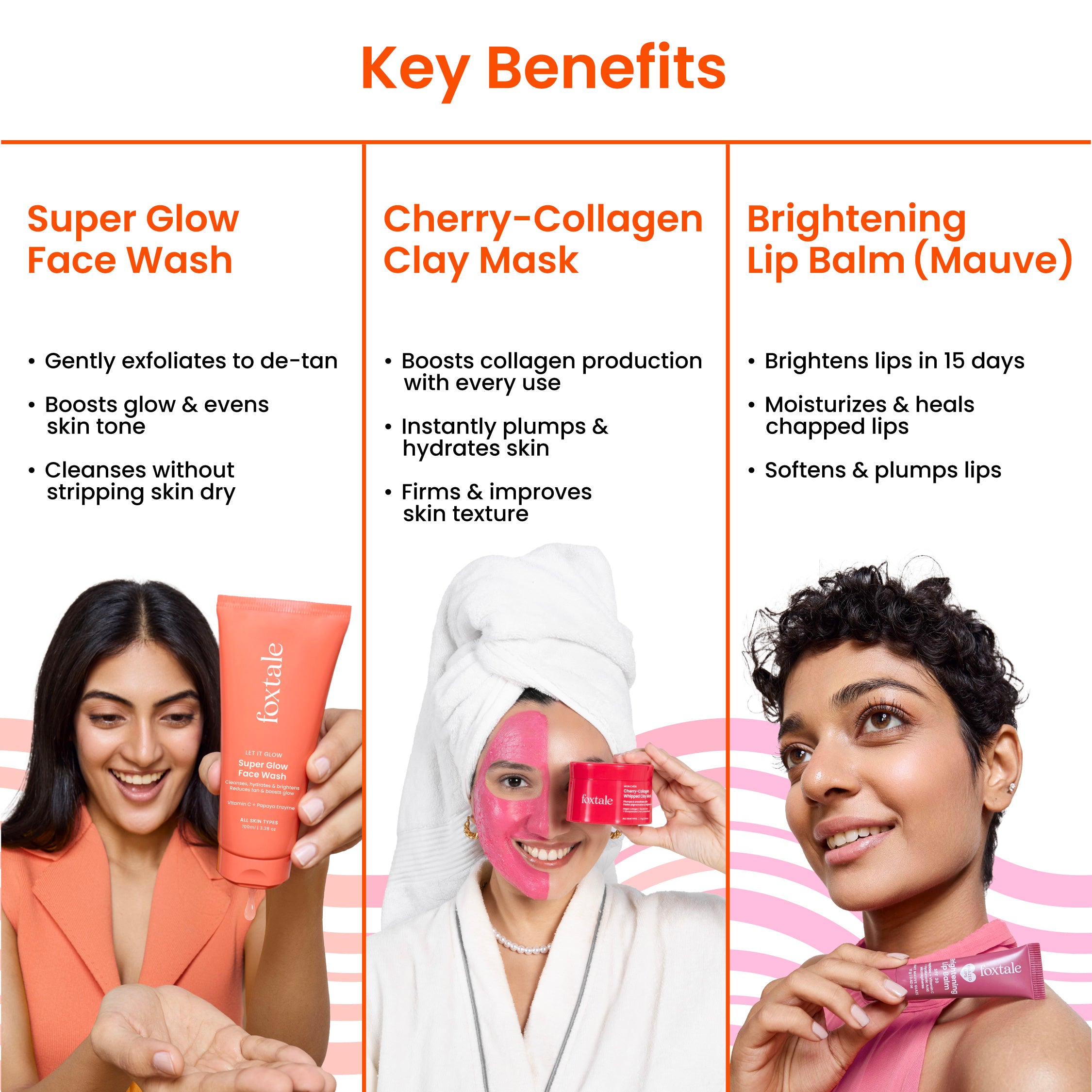 Foxtale Glow At First Sight Gift Set Super Glow Face Wash + Cherry-Collagen Clay Mask + Brightening Lip Balm (Mauve) + Free Heart Charm + Hot Pink Pouch - Image 3 - Buy from Indicrest
