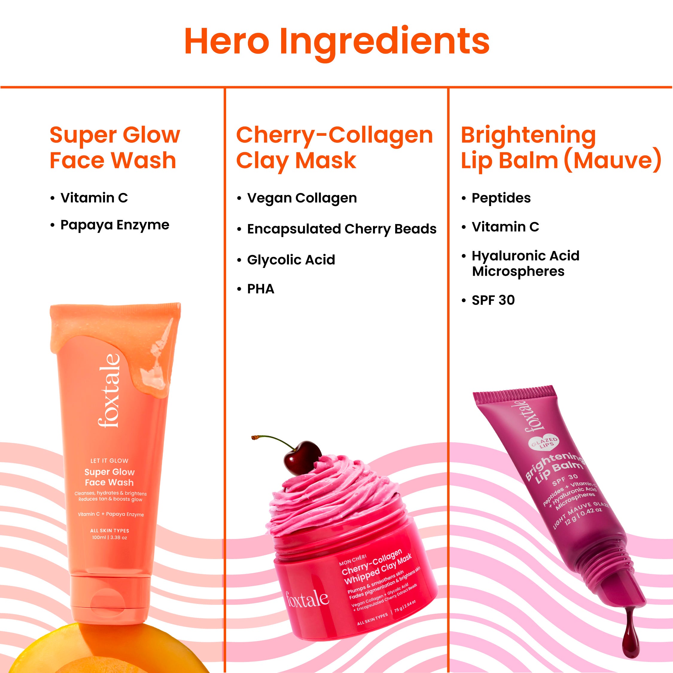 Foxtale Glow At First Sight Gift Set Super Glow Face Wash + Cherry-Collagen Clay Mask + Brightening Lip Balm (Mauve) + Free Heart Charm + Hot Pink Pouch - Image 4 - Buy from Indicrest