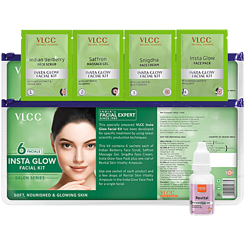 VLCC Insta Glow Facial Kit packaging with product details on a green background